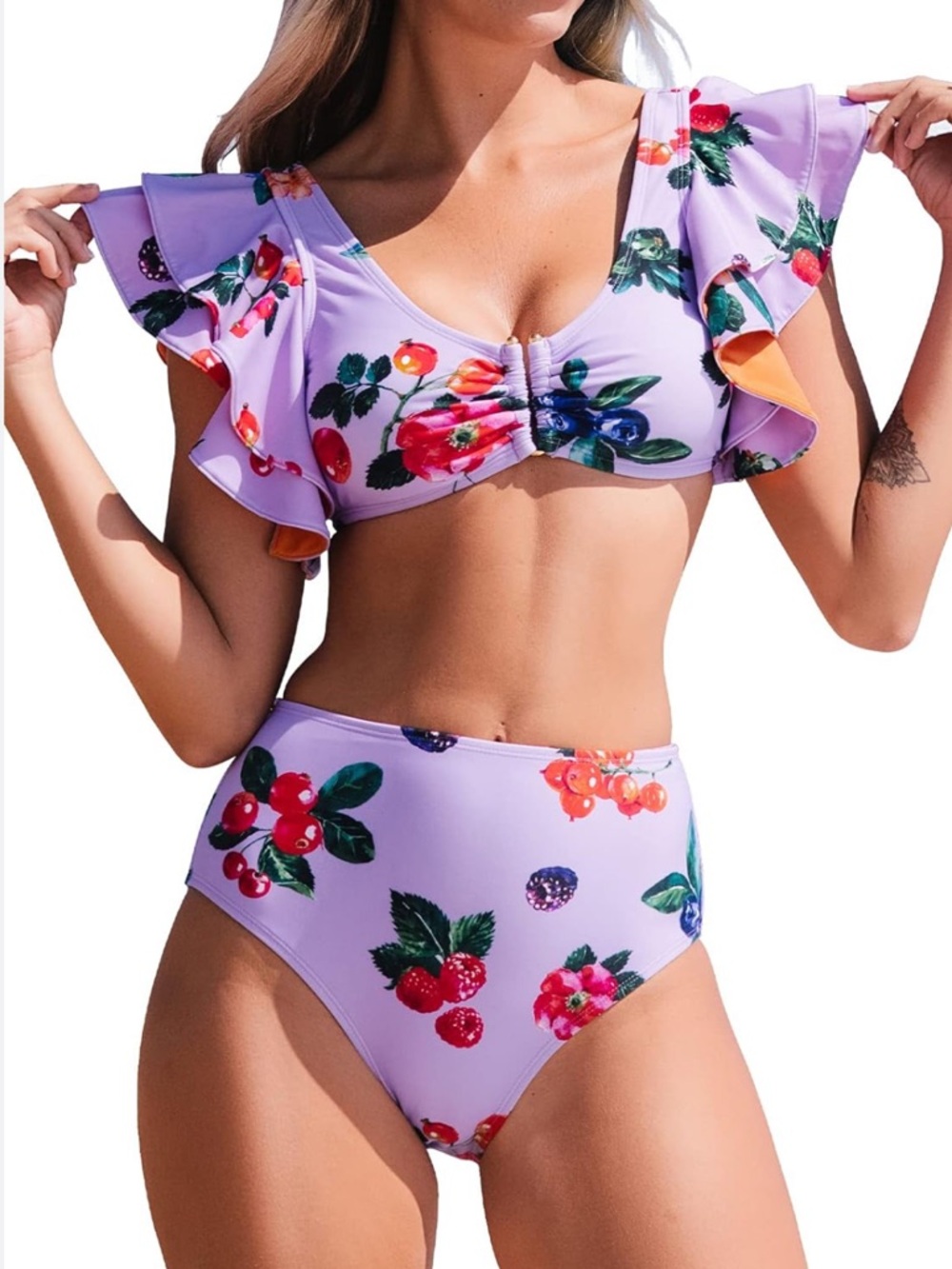 Cupshe Retro Lavender Tropical Fruity Tutti Ruffle Flutter High-Waist Bikini